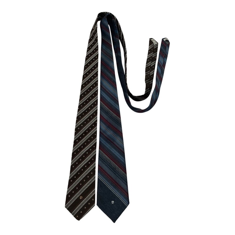 Vintage Pierre Cardin Neckties – Set of 2 Striped Polyester Ties – Brown & Blue